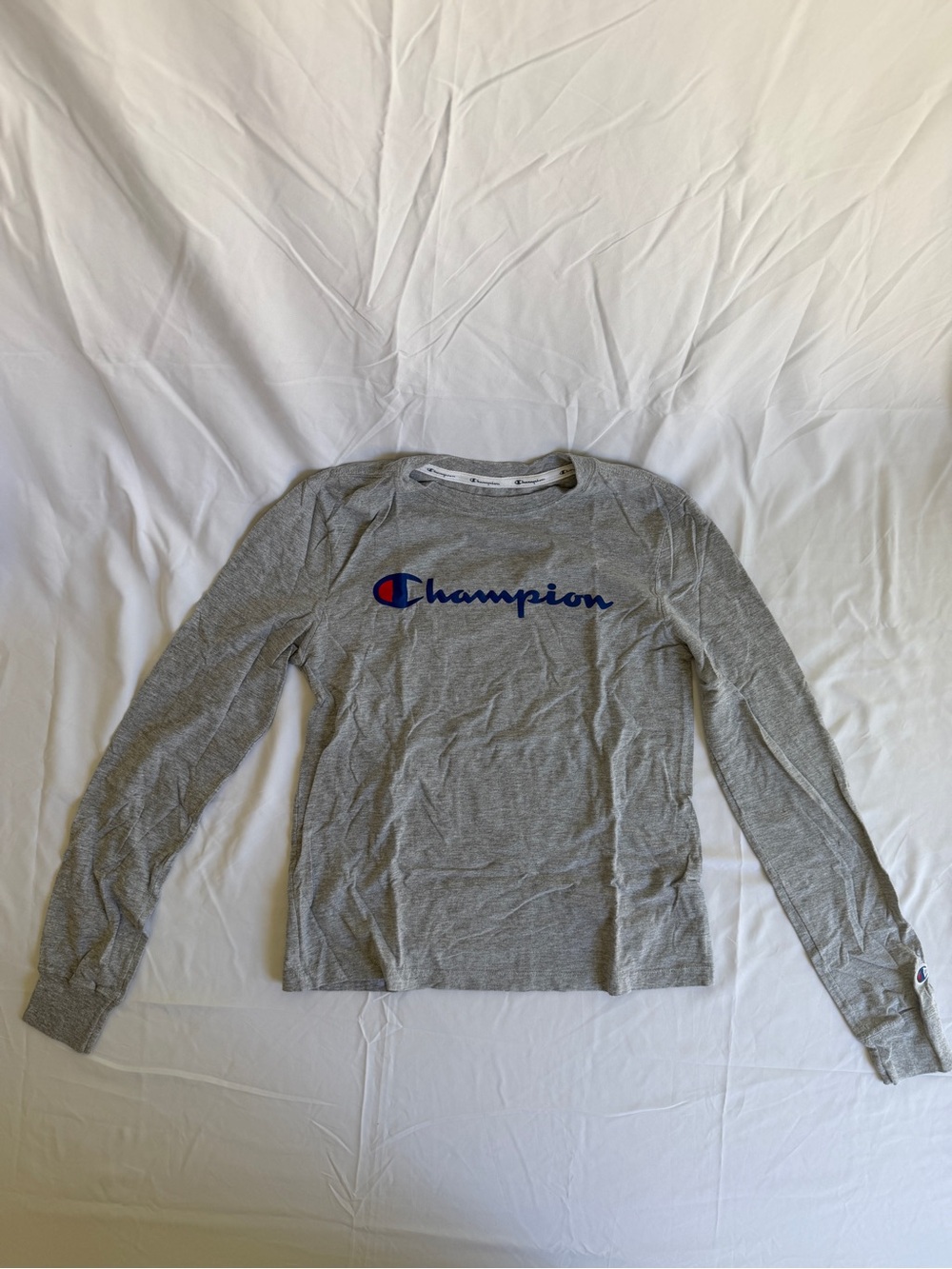 Champion Gray Long Sleeve Logo Tee with Navy & Red Accent sz. XS
